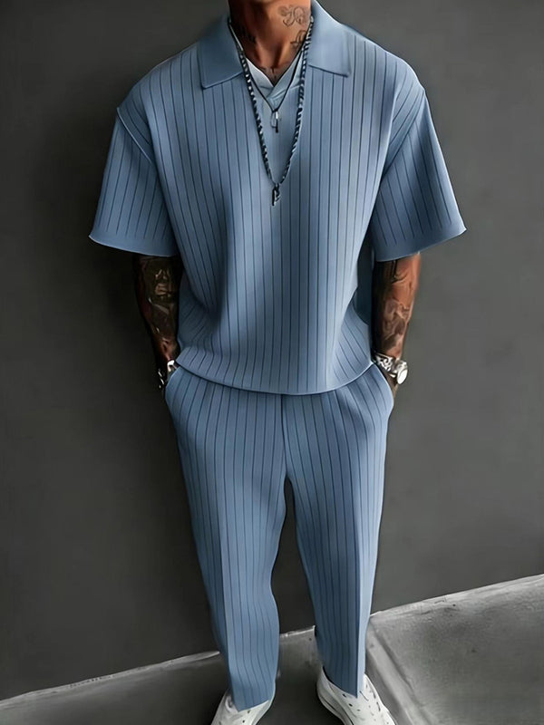 Solid Textured Polo Shirt and Trousers 2 Piece Set