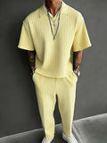 Solid Textured Polo Shirt and Trousers 2 Piece Set
