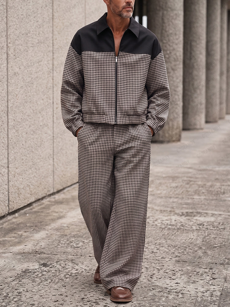 Men's Houndstooth Zip Jacket Set – Casual Track Top & Wide-Leg