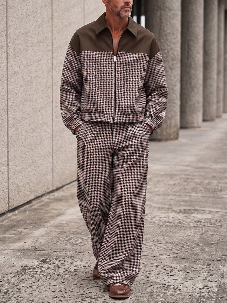 Men's Houndstooth Zip Jacket Set – Casual Track Top & Wide-Leg