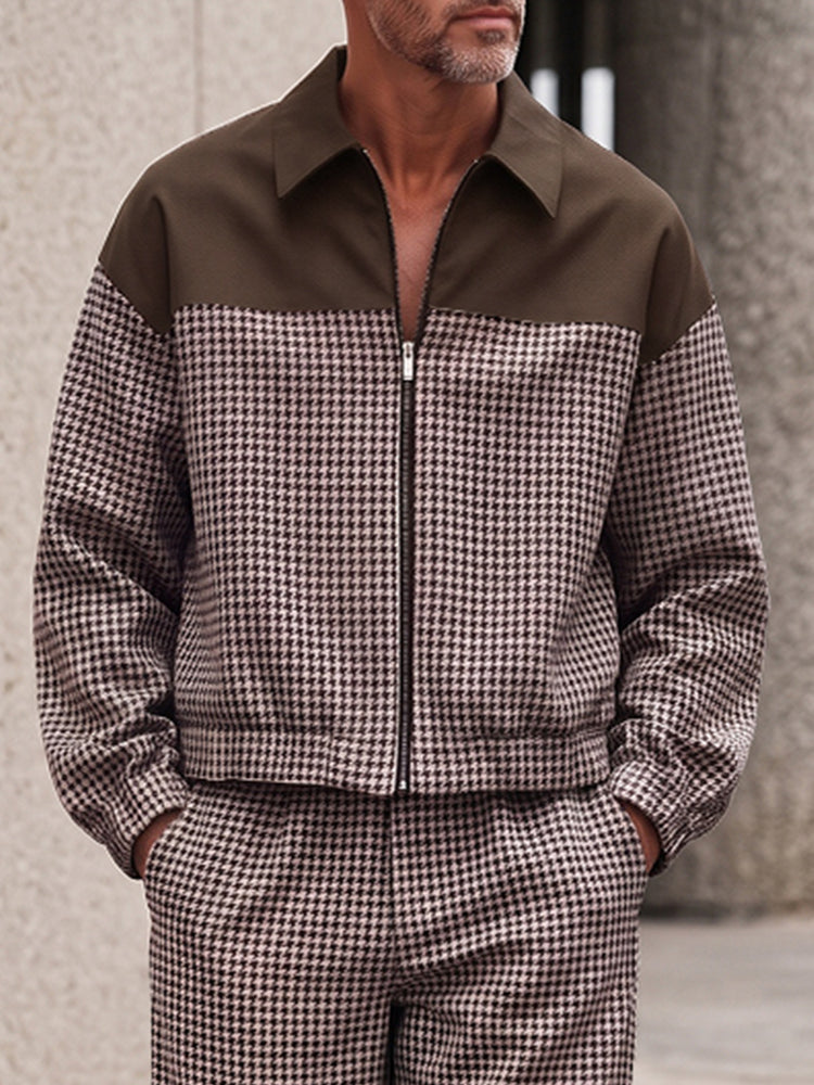 Men's Houndstooth Zip Jacket Set – Casual Track Top & Wide-Leg