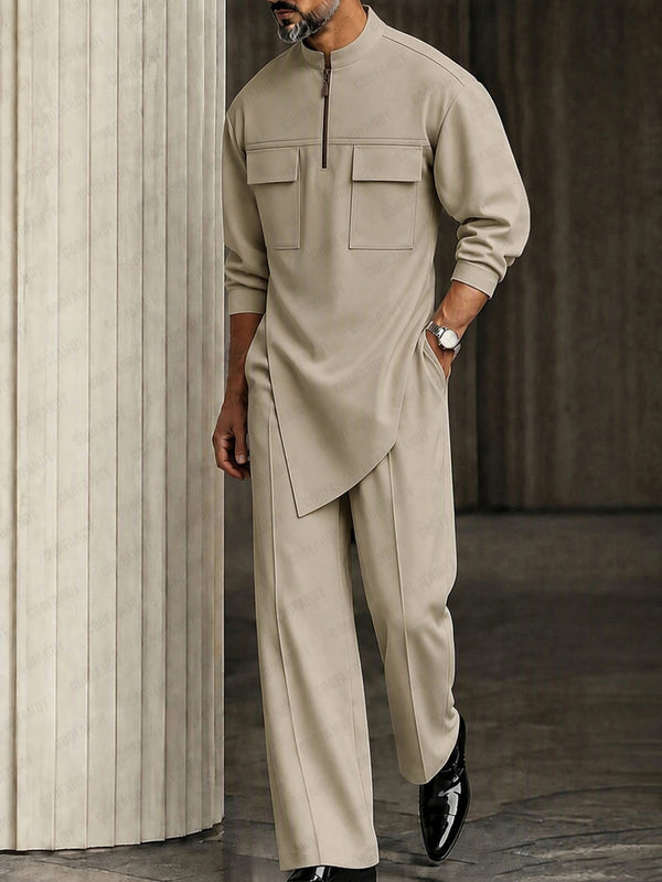 Stylish Asymmetric Hem Double Pocket Shirt Set