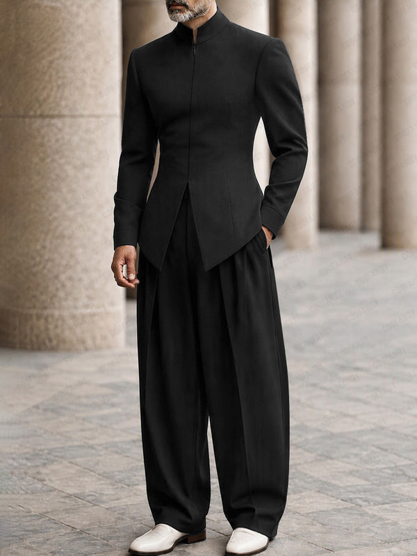 Minimalism Mandarin Collar Longline Top Pants Set