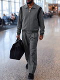Casual Suit-Fabric Contrast Bomber Jacket Set