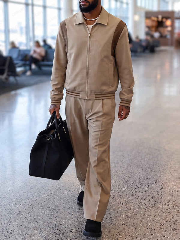 Casual Suit-Fabric Contrast Bomber Jacket Set
