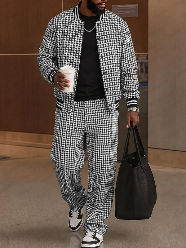 Casual Houndstooth Color Block Webbing Matching Set