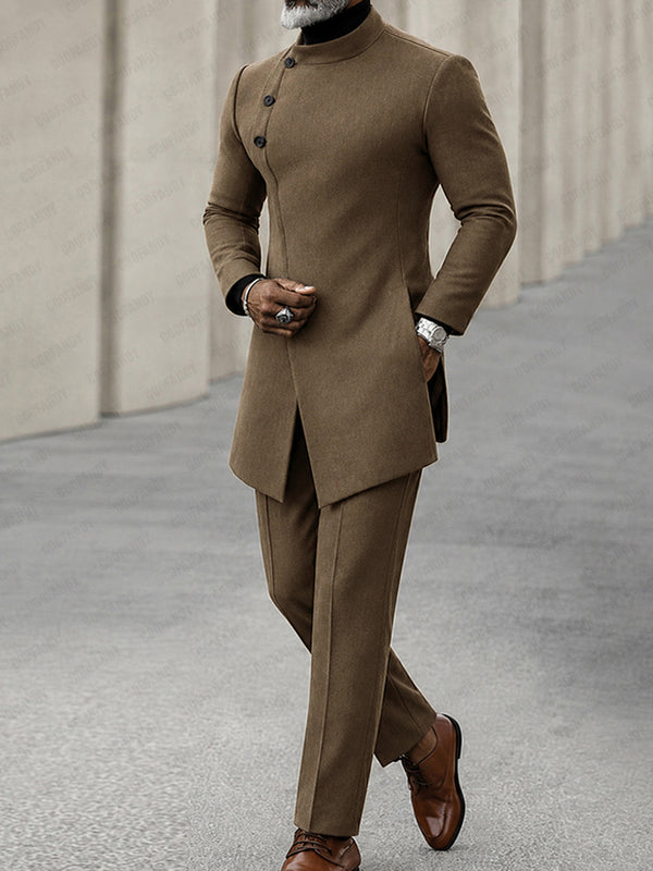 Minimalist Style Diagonal Placket Jacket Set