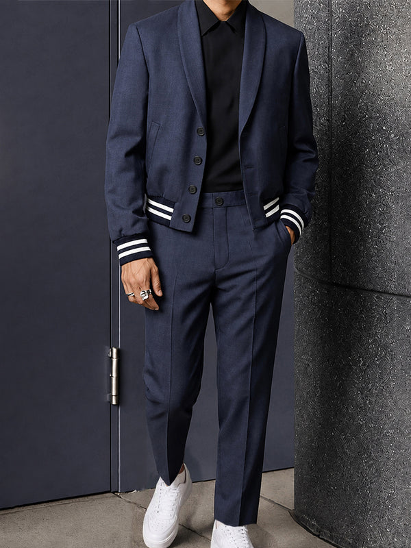 Casual Contrast Stripe Cropped Blazer Suit Set