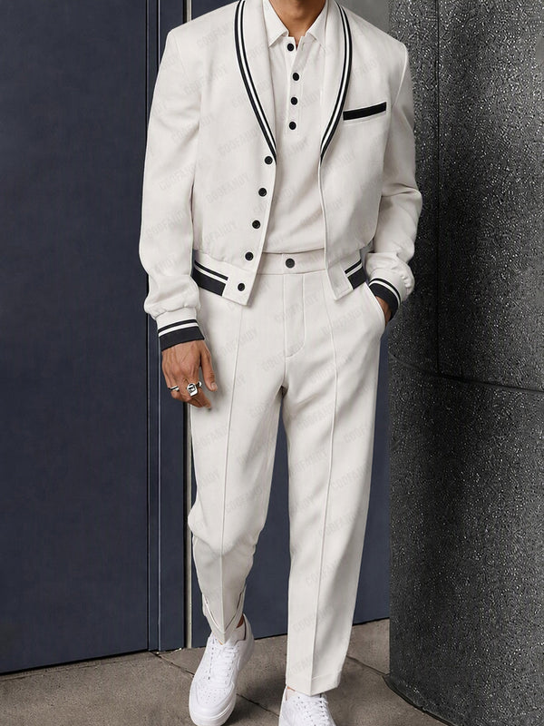 Modern Contrast Piping Cropped Blazer Suit Set
