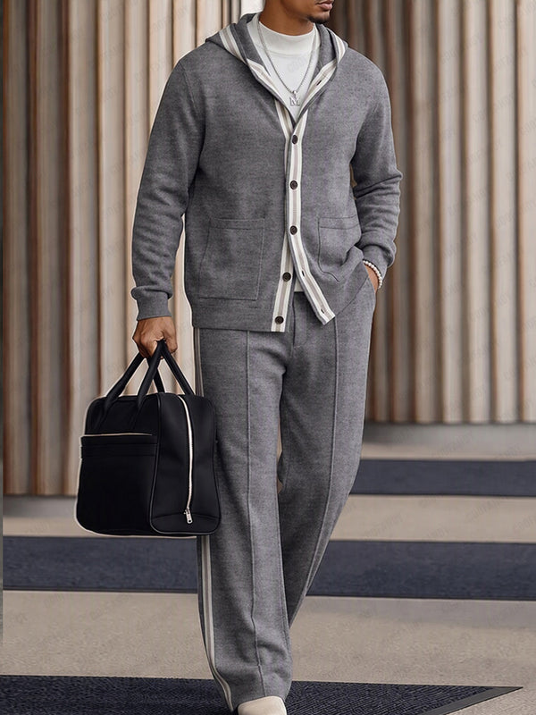 Comfy Contrast Stripe Trim Hooded Cardigan Pants Set
