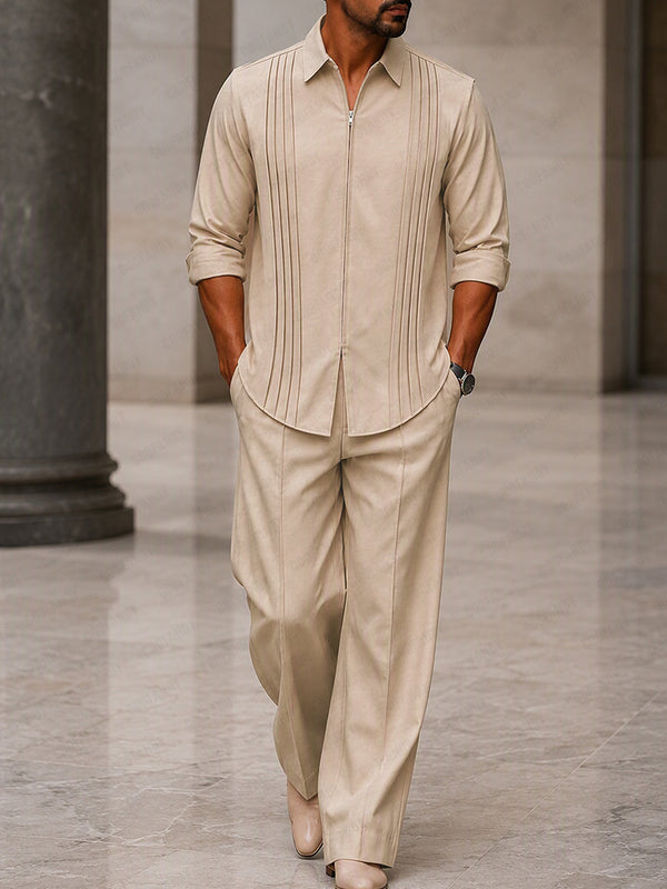 Casual Front Pleated Zip-Up Shirt Pants Set