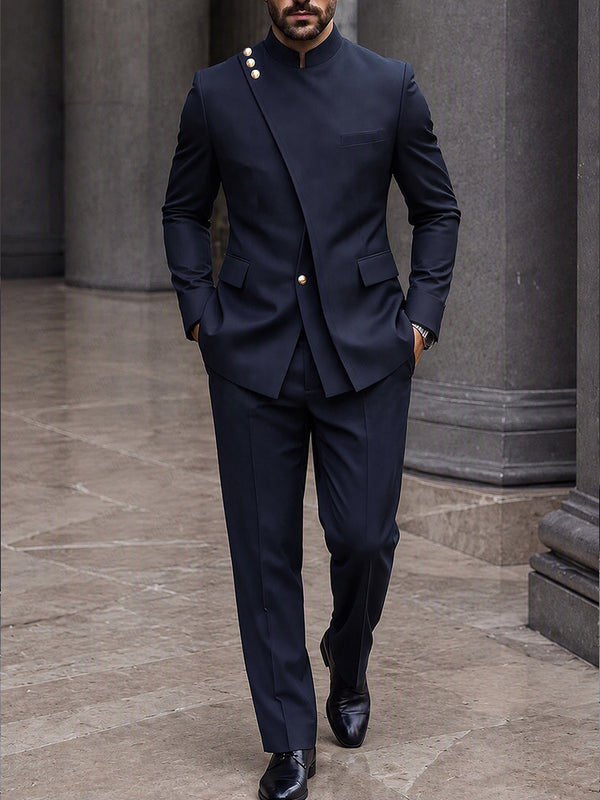 Sharp Tailored Mandarin Collar Blazer Set