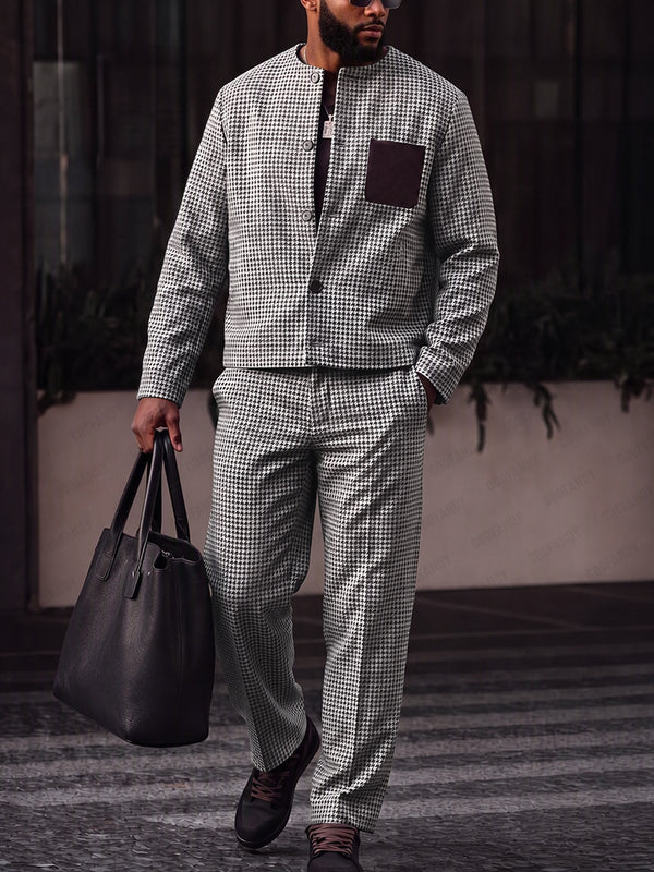 Casual Vintage Houndstooth Jacket Pants Set