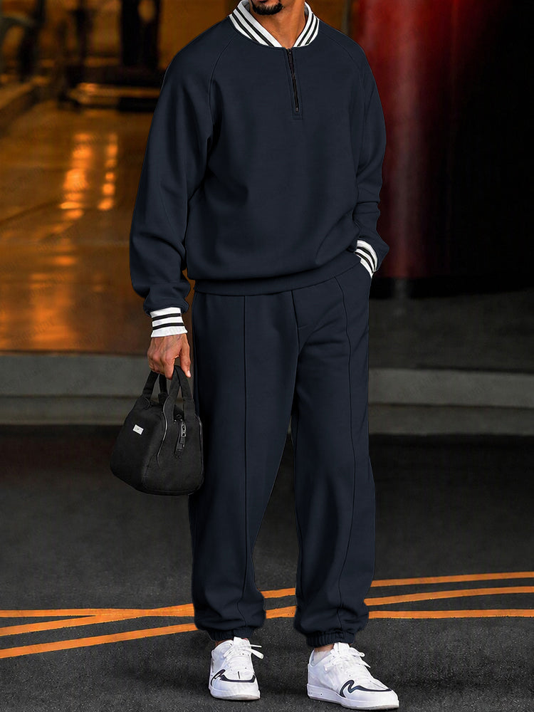 Men's Urban Athleisure Contrast Stripe Quarter-Zip Sweatsuit Set