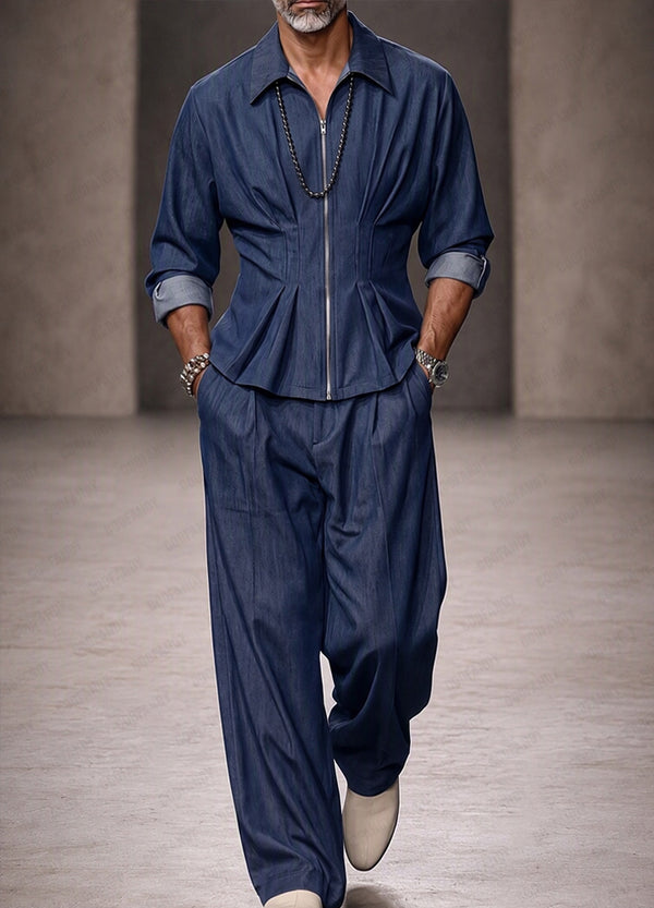 Modern Tailored Waist Faux Denim Shirt Set