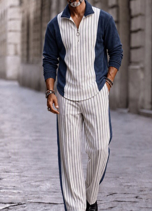 Stylish Striped Patchwork Polo Shirt Set
