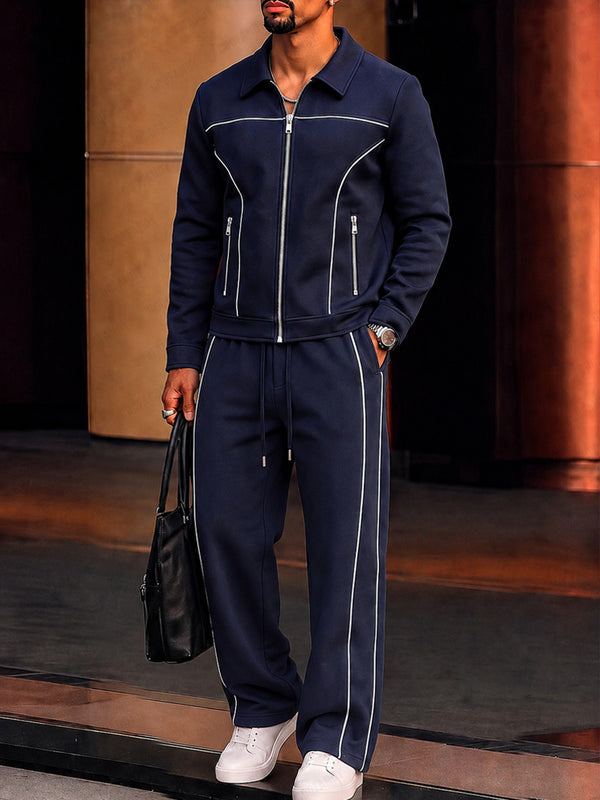 Sporty Contrast Line Jacket Pants Set