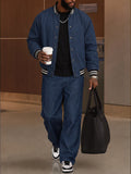 Stylish Faux Denim Varsity Jacket Pants Set