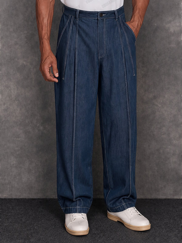 Casual 100% Cotton Contrast Stitch Faux Denim Pants