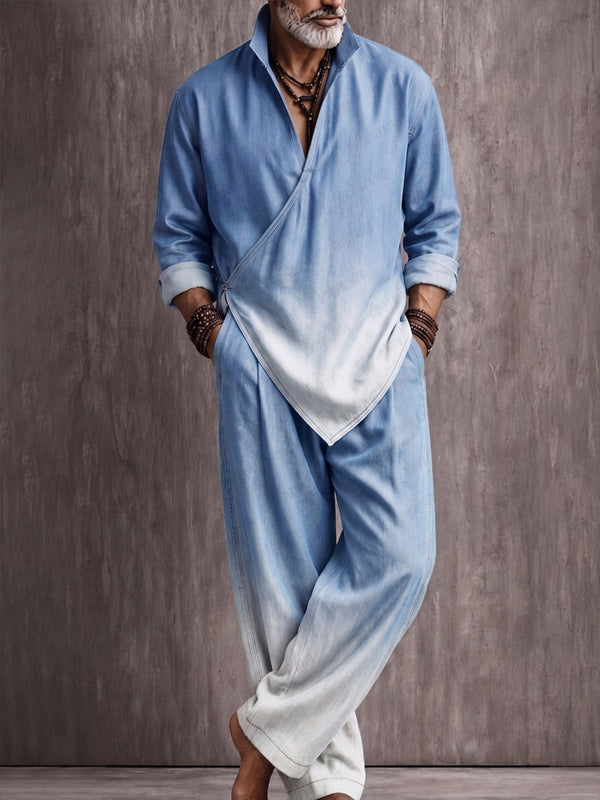 Casual Loose Asymmetrical Hem Wrap Shirt Set