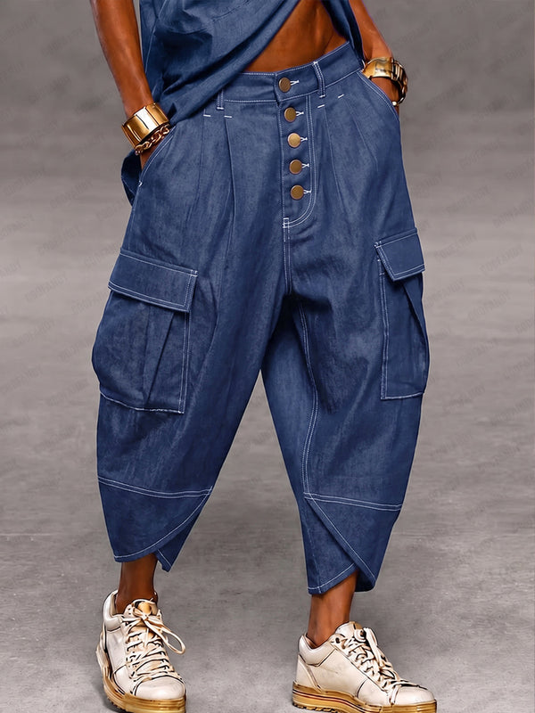 Casual Faux Denim Cargo Harem Pants