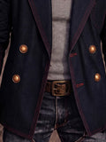 Vintage Contrast Stitch Denim Double-Breasted Blazer