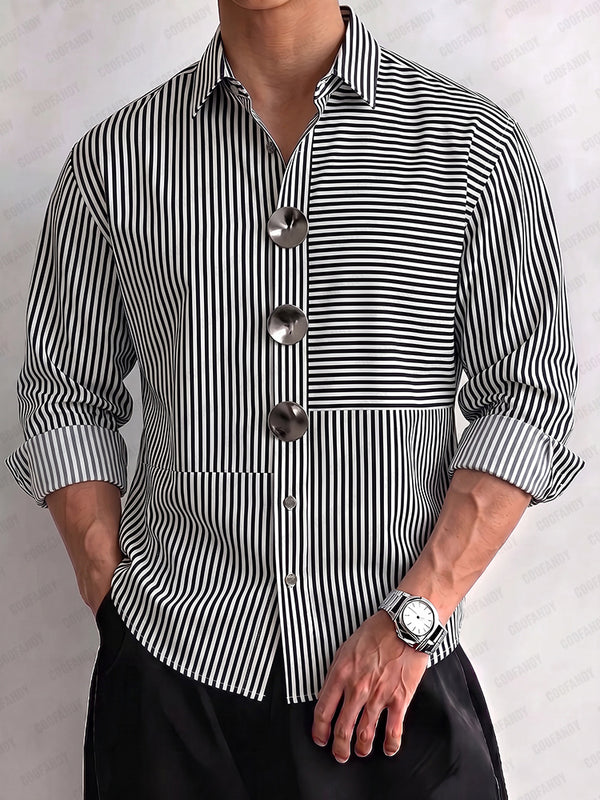 Fashion Striped Patchwork Shirt with Oversized Button Detail