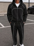 Casual Contrast Piped Zip-Up Hoodie Set