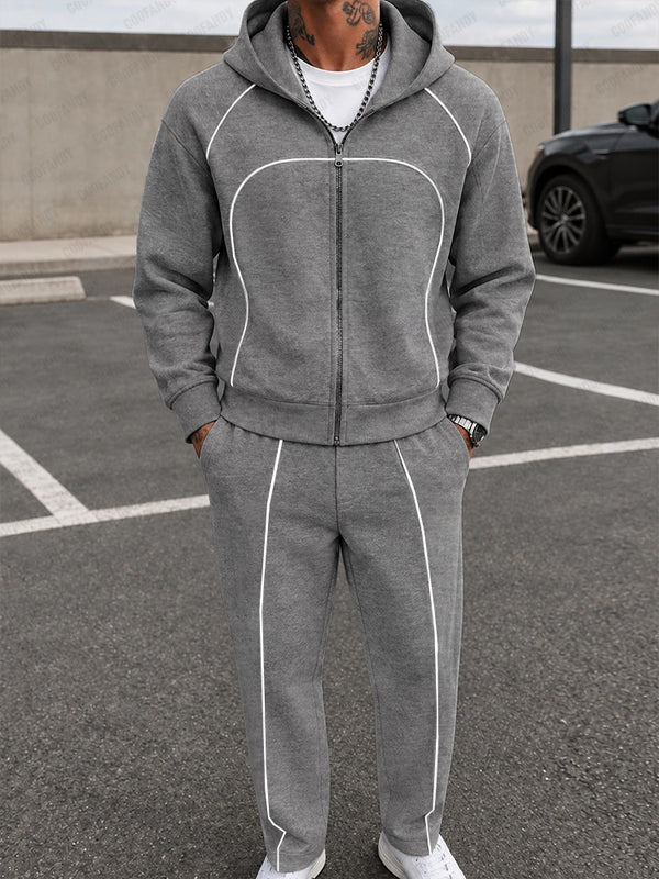Casual Contrast Piped Zip-Up Hoodie Set