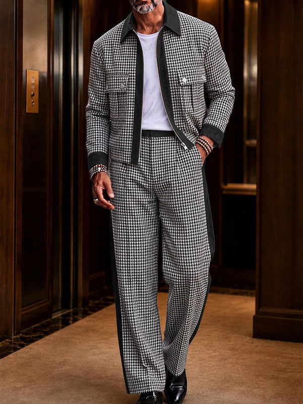Modern Faux Suede Trim Houndstooth Co-Ord Set