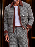 Modern Faux Suede Trim Houndstooth Co-Ord Set