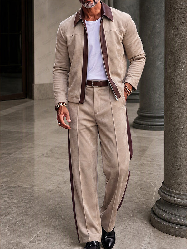 Refined Retro Faux Suede Jacket Pants Set