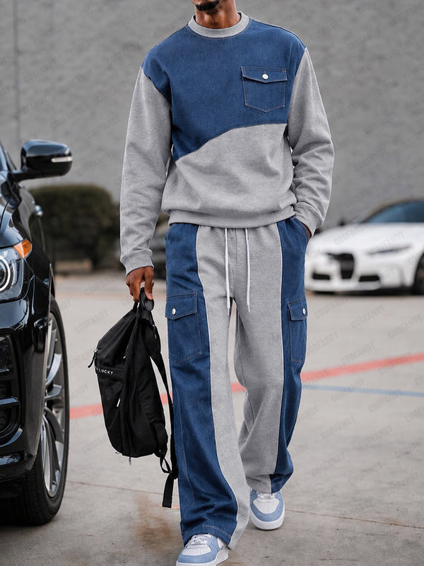 Streetwear Faux Denim Patchwork Sweatshirt Set