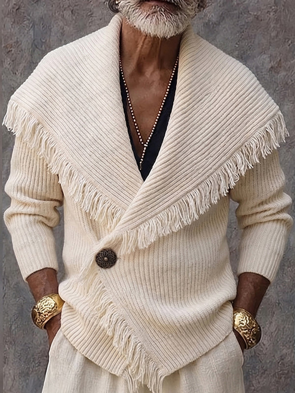 Stylish Fringe Trim Shawl Collar Knit Cardigan