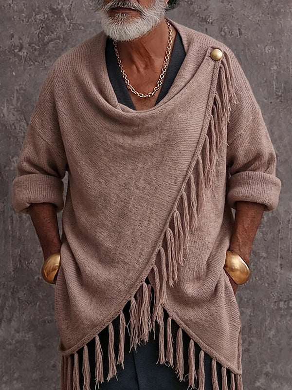 Casual Fringe Trim Draped Collar Knit Sweater