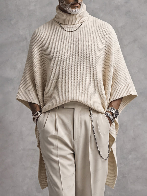 Modern High-Low Hem Batwing Sleeve Turtleneck Sweater