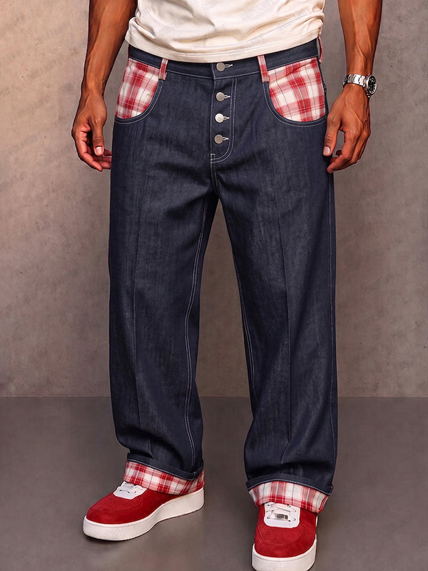 Casual Contrast Panel Faux Denim Pants