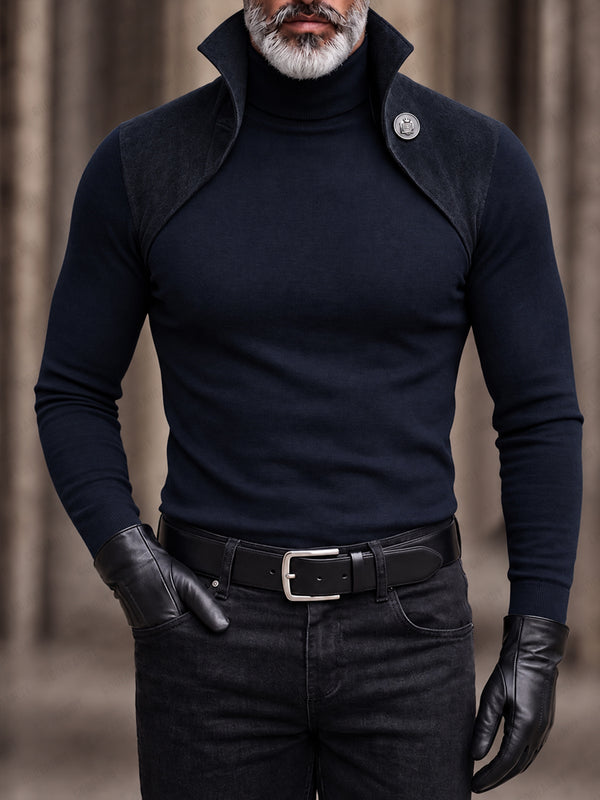 Gothic Faux Suede Panel Turtleneck Slim Fit Top