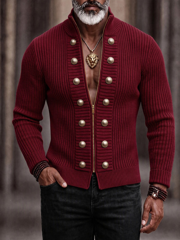 Refined Casual Button Accent Zip Knit Cardigan