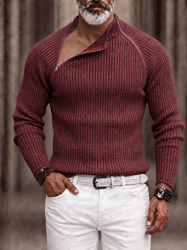 Designer Zip Detail Mock Neck Knit Top