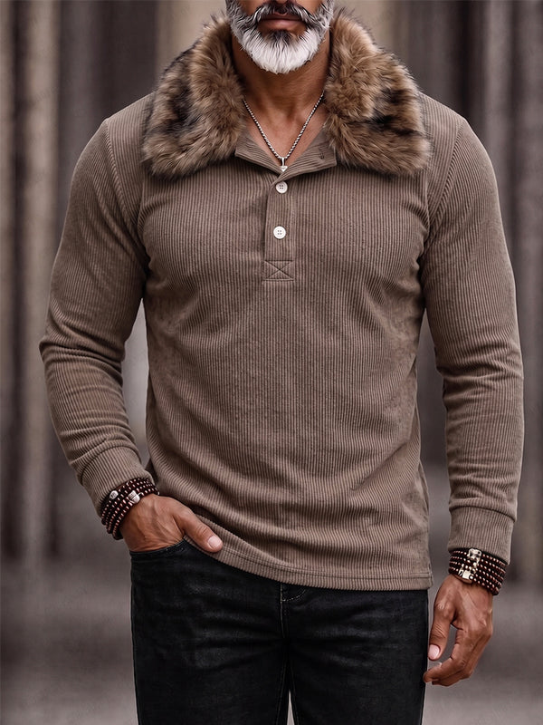 Refined Faux Fur Collar Corduroy Polo Shirt