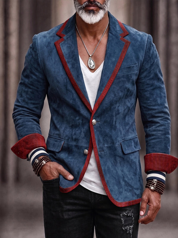 Vintage Contrast Trim Faux Suede Blazer