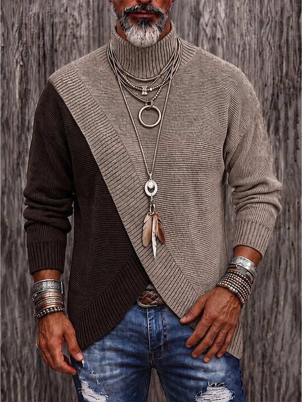 Stylish Two-Tone Ribbed Turtleneck Sweater