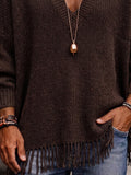 Vintage V-Neck Fringe Hem Knit Sweater