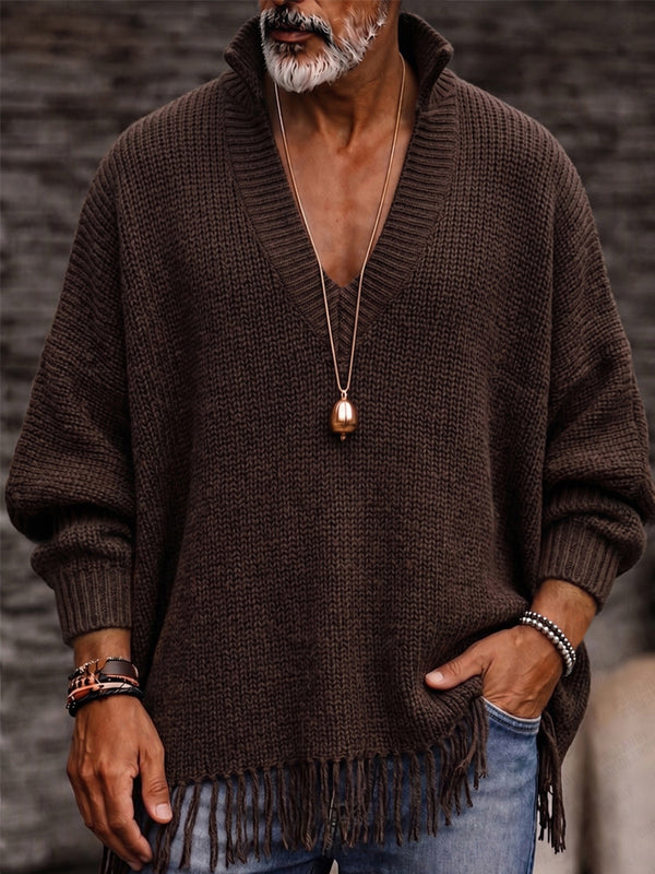 Vintage V-Neck Fringe Hem Knit Sweater
