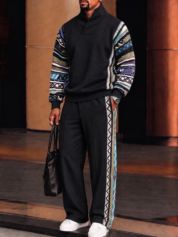 Athleisure Tribal Print Trim Stand Collar Matching Set
