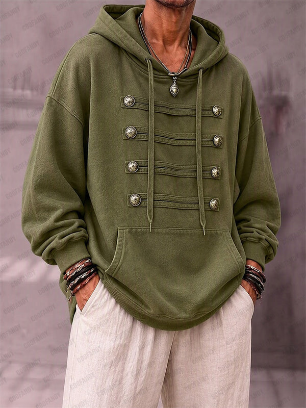 Sporty Loose Military Button Pullover Hoodie
