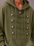 Sporty Loose Military Button Pullover Hoodie