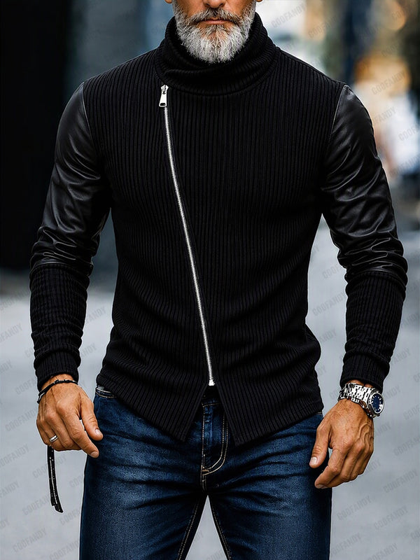 Statement Turtleneck Asymmetrical Zip PU Sleeves Sweater