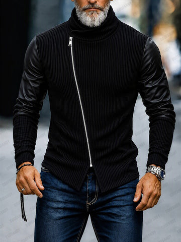 Mens Asymmetrical Zip Turtleneck Sweater | Contrast PU Sleeves
